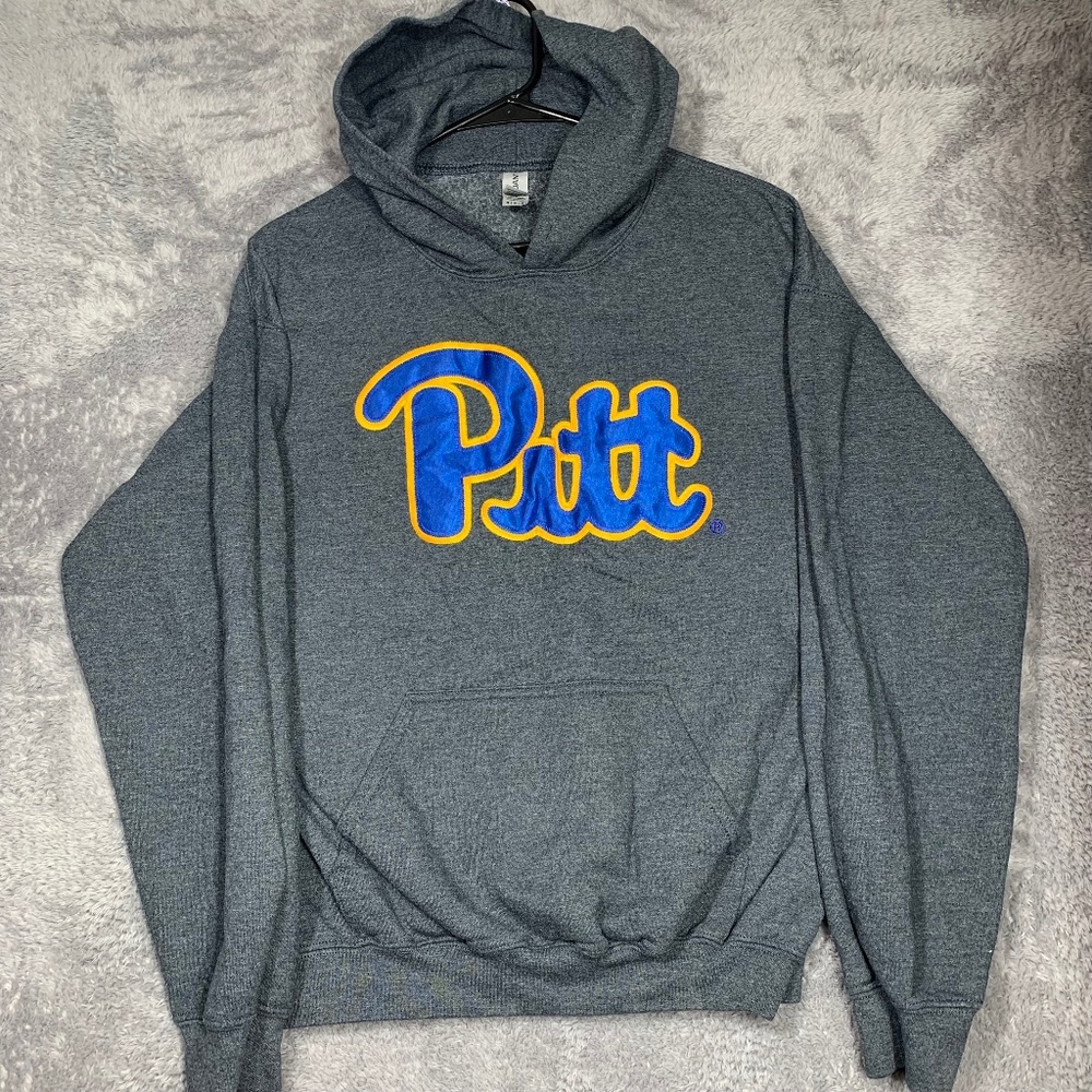 Gildan Pitt Panthers Hoodie Mens Medium Grey Pullover Script Logo Heavy Blend